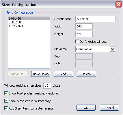 Sizer Configuration Dialog